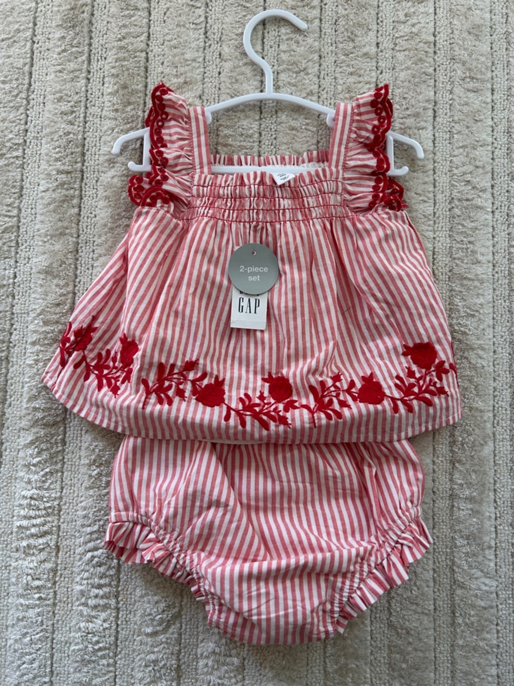 GAP Red and White Striped Floral Embroidered 2-Piece Diaper Cover Set